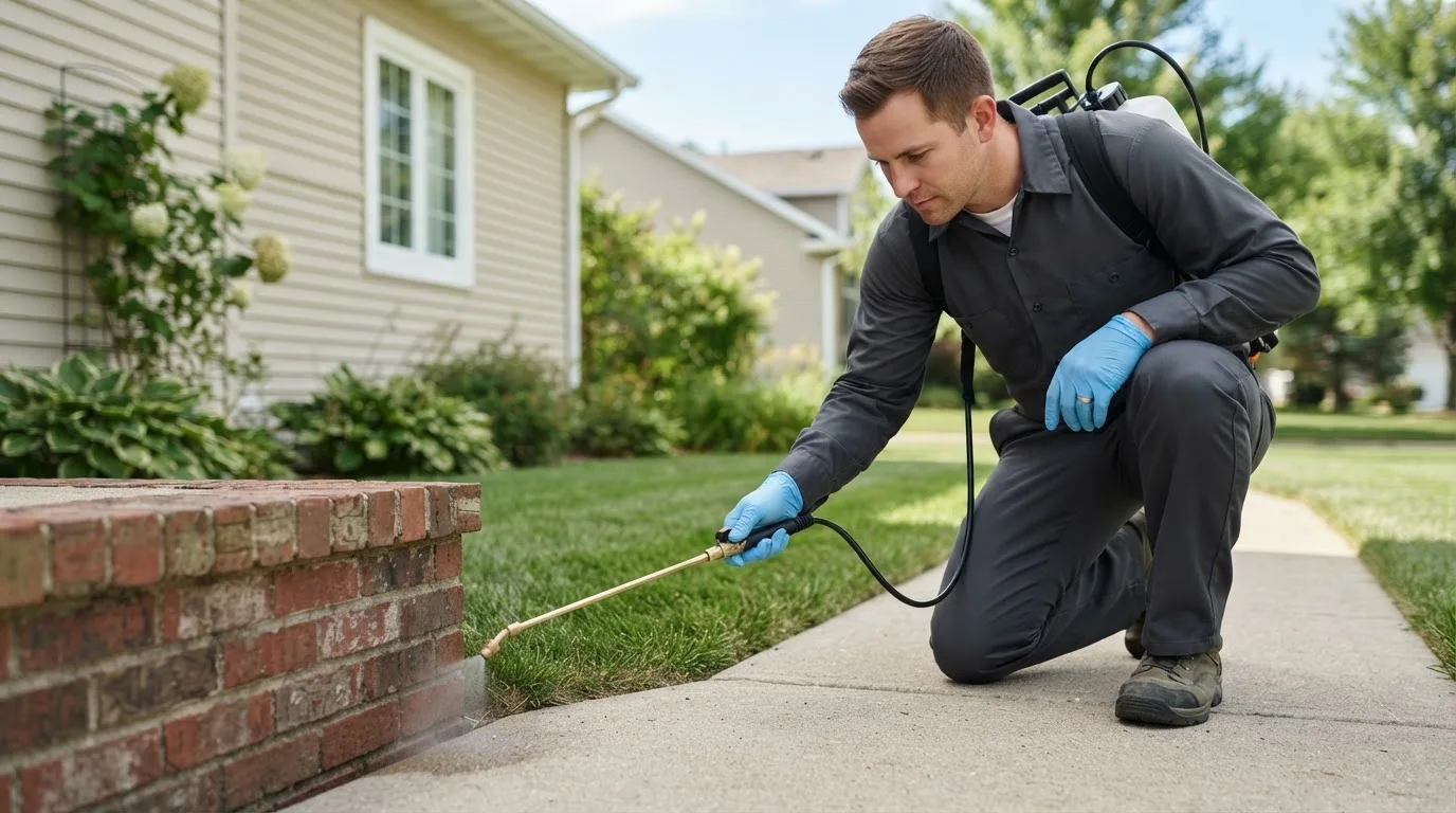 Pest control technician treating a home near Oakley, MI