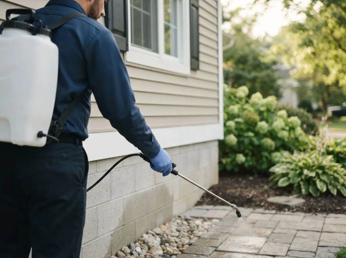 Pest control technician inspecting a home in Oakley, MI